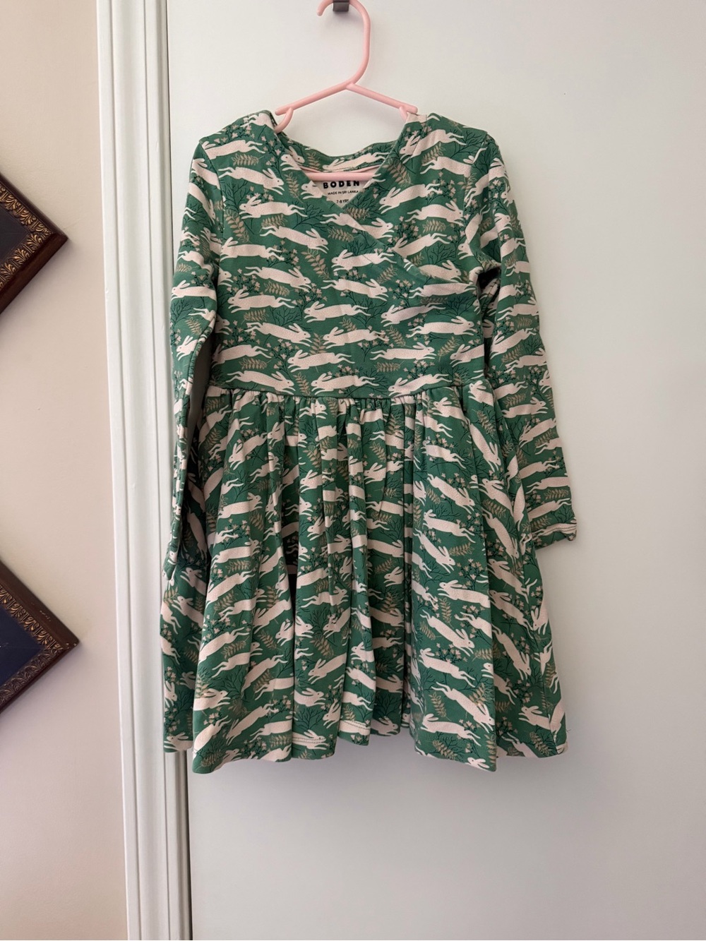 Mini Boden Green and White Printed Long-Sleeve Dress